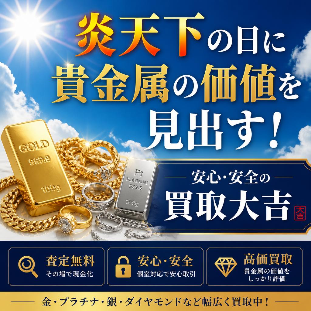 炎天下の日に貴金属の価値を見出す！安心・安全の買取大吉